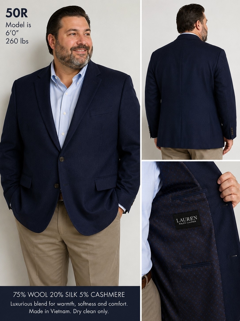 Men's Lauren Ralph Lauren 75% Wool 20% Silk 5% Cashmere Navy Blazer Jacket 50R
